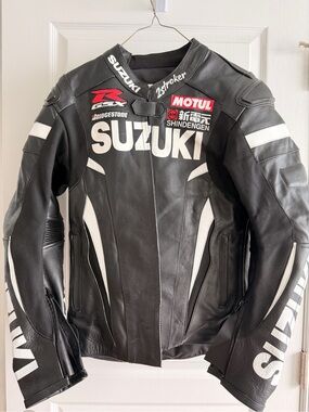 Suzuki Black & White Leather Motorcycle Jacket